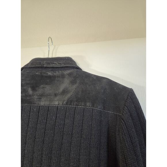 Vintage Cactus Black Leather Front Zip Knit Sweater Bomber Jacket, Men's Medium - Picture 10 of 13